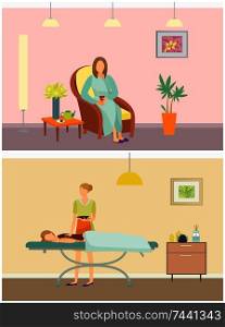Beauty salon resort and chocolate spa set vector. Woman resting on vacation by drinking tea from teapot. Professional care of skin of clients back. Beauty Salon Resort and Chocolate Spa Set Vector