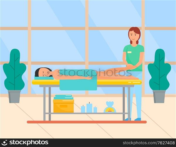 Beauty salon service of masseuse vector, lady laying on special table. Foot massage for client with towel on body. aromatherapy and treatment relax. Modern office with big windows. Massage Procedure in Spa Beauty Salon, Foot Care