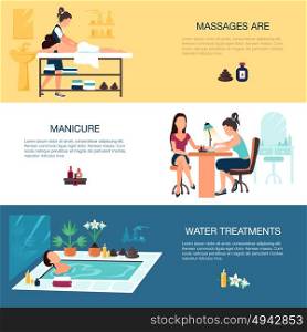 Beauty Salon Spa Banners. Horizontal beauty salon spa banners with massage are manicure and water treatments flat isolated vector illustration