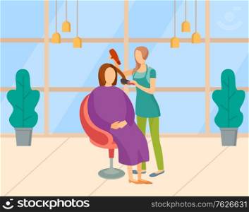 Beauty salon vector, woman with client using hair dryer. Lady getting new haircut or hairdo, procedure in place with plants and lamps. Master and customer. Modern office with big windows of hair salon. Hair Styling Expert, Woman with Client in Salon