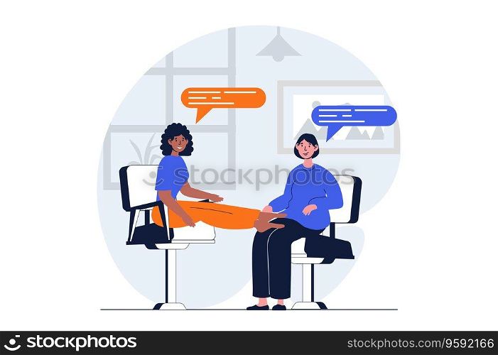 Beauty salon web concept with character scene. Woman gets professional foot massage and masseuse consultation. People situation in flat design. Vector illustration for social media marketing material.