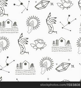 Beauty seamless pattern background with house, crystal, sun, deer, moon, hand