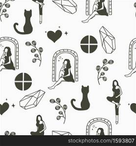 Beauty seamless pattern background with woman, crystal, window, cat, heart, flower