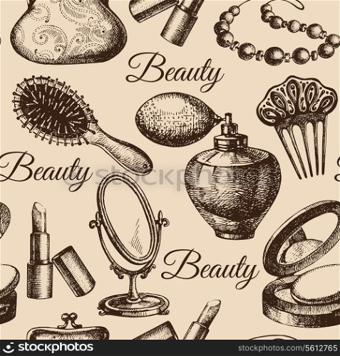 Beauty seamless pattern. Cosmetic accessories. Vintage hand drawn sketch vector illustrations