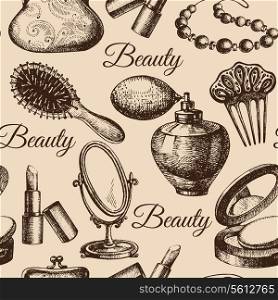 Beauty seamless pattern. Cosmetic accessories. Vintage hand drawn sketch vector illustrations