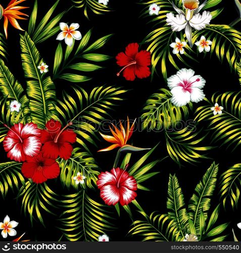Beauty seamless realistic vector botanical pattern from hibiscus, plumeria, orchid, bird of paradise flowers and palm, banana, monstera leaves on the black background