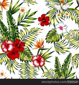 Beauty seamless realistic vector botanical pattern from hibiscus, plumeria, orchid, bird of paradise flowers and palm, banana, monstera leaves on the white background
