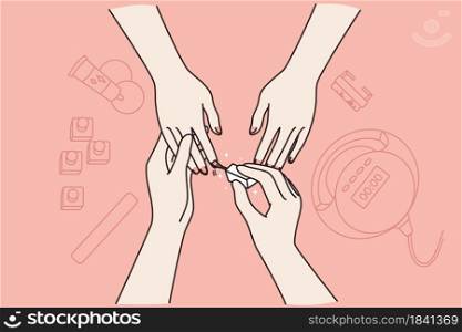 Beauty service, wellness, cosmetics concept. Top view of Hands of nail technician and customer in manicure salon during procedure vector illustration . Beauty service, wellness, cosmetics concept.