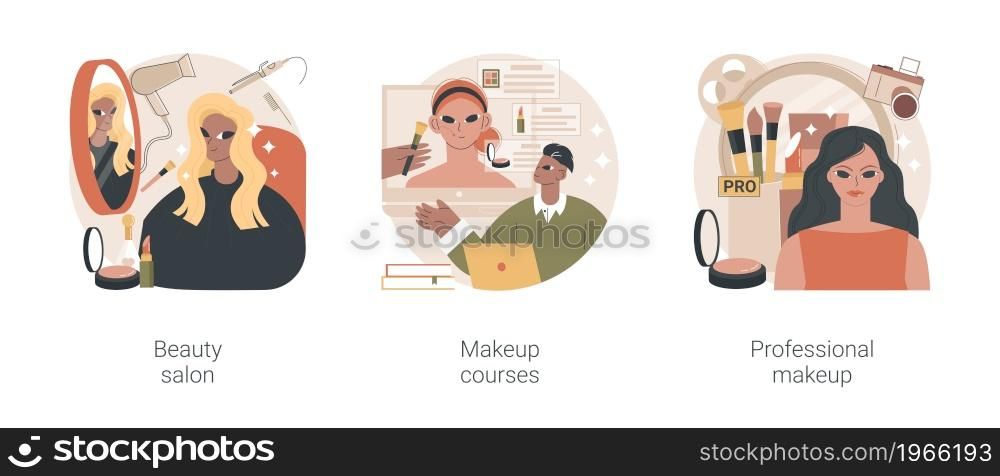 Beauty services abstract concept vector illustration set. Beauty salon, makeup course, professional cosmetics masterclass, nail studio, hair stylist, online workshop, skin treatment abstract metaphor.. Beauty services abstract concept vector illustrations.