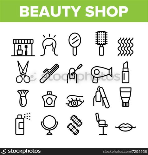 Beauty Shop Collection Elements Icons Set Vector Thin Line. Fan And Mirror, Perfume And Nail Polish, Chair And Scissors Equipment For Beauty Concept Linear Pictograms. Monochrome Contour Illustrations. Beauty Shop Collection Elements Icons Set Vector