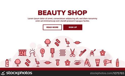 Beauty Shop Landing Web Page Header Banner Template Vector. Fan And Mirror, Perfume And Nail Polish, Chair And Scissors Equipment For Beauty Illustration. Beauty Shop Landing Header Vector