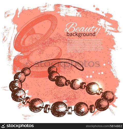 Beauty sketch background. Vintage hand drawn vector illustration of cosmetic accessories
