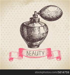 Beauty sketch background. Vintage hand drawn vector illustration of cosmetic&#x9;