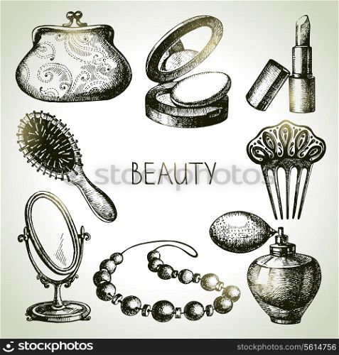 Beauty sketch icon set. Vintage hand drawn vector illustrations of cosmetics