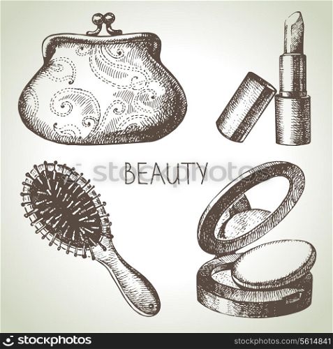 Beauty sketch icon set. Vintage hand drawn vector illustrations of cosmetics