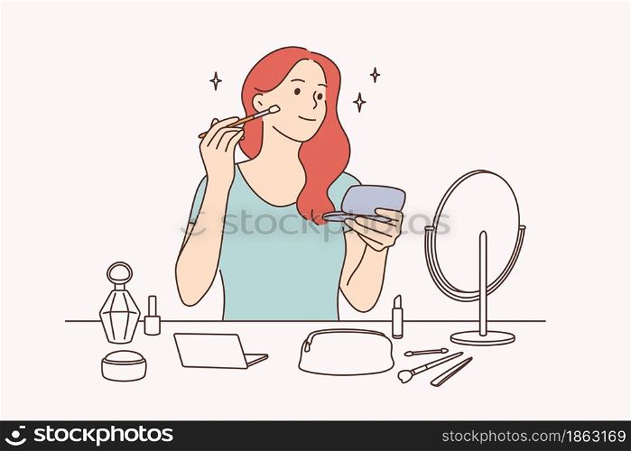 Beauty, skincare and makeup concept. Young pretty girl cartoon character sitting making makeup with brush looking at mirror vector illustration . Beauty, skincare and makeup concept
