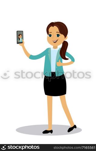 Beauty smiling teenage girl makes selfie,cartoon vector illustration