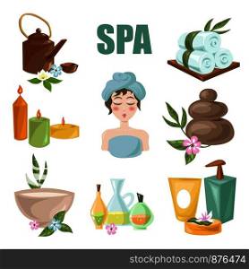 Beauty SPA salon and wellness center treatments icons. Vector woman skincare and body relax aroma oils, towels and moisturizer creams, maaaage stones and bath soap. Spa and wellness center vector icons