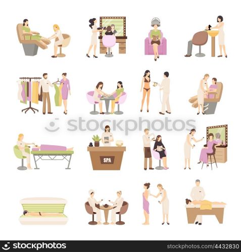 Beauty Spa Salon People Set. People in spa salon and various beauty procedures on white background isolated flat vector illustration