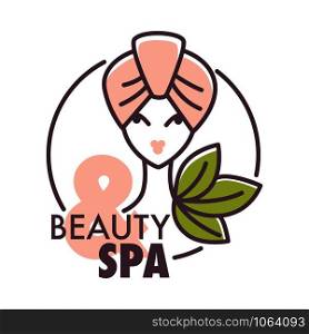 Beauty spa, woman with washed hair in towel vector. Isolated logotype of lady in beauty salon relaxed female. Natural cosmetics and ingredients of cosmetics and healthy body liquids and lotions. Beauty spa, woman with washed hair in towel