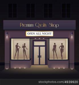 Beauty Store Front View Template. Beauty store front view template with door windows mannequin silhouettes at night vector illustration