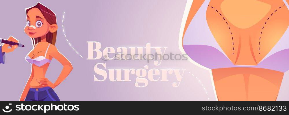 Beauty surgery cartoon banner. Woman with patch on nose prepare for plastic surgery. Doctor drawing lines on girl chest for augmentation, lipofilling cosmetics medicine procedure, Vector illustration. Beauty surgery cartoon banner, cosmetics procedure