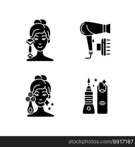 Beauty tools black glyph icons set on white space. Quartz facial roller. Hair dryer. Facial cleansing. Manicure, pedicure. Reducing inflammation. Silhouette symbols. Vector isolated illustration. Beauty tools black glyph icons set on white space