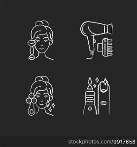 Beauty tools chalk white icons set on black background. Quartz facial roller. Hair dryer. Facial cleansing. Manicure, pedicure. Reducing inflammation. Isolated vector chalkboard illustrations. Beauty tools chalk white icons set on black background