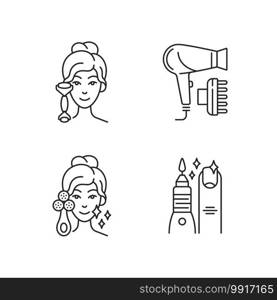 Beauty tools linear icons set. Quartz facial roller. Hair dryer. Facial cleansing. Manicure, pedicure. Customizable thin line contour symbols. Isolated vector outline illustrations. Editable stroke. Beauty tools linear icons set