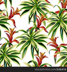 Beauty tropical plants seamless pattern white background. Nature beach vector wallpaper