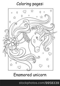 Beauty unicorn head with stars and flowers. Coloring book page for children. Vector cartoon illustration isolated on white background. For coloring book, preschool education, print, game, decor.. Beauty unicorn with flowers and stars coloring vector