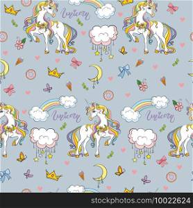 Beauty unicorn with rainbow and clouds isolated on gray background. Vector seamless pattern. Illustration for party, print, baby shower, wallpaper, design, decor,design cushion, linen, dishes.. Seamless vector pattern cute unicorn gray color