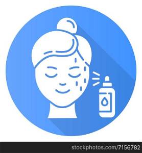 Beauty water blue flat design long shadow glyph icon. Skin care procedure. Facial beauty treatment. Spray face product in bottle for moisturizing effect. Vector silhouette illustration
