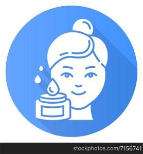 Beauty water blue flat design long shadow glyph icon. Skin care procedure. Facial treatment. Liquid face product for moisturizing effect. Beauty routine step. Vector silhouette illustration