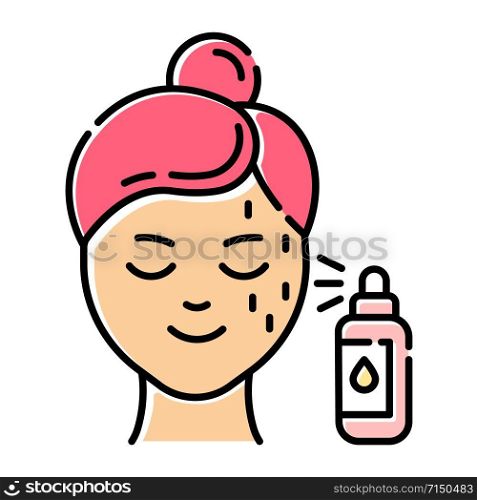 Beauty water color icon. Skin care procedure. Facial beauty treatment. Spray face product in bottle for moisturizing effect. Dermatology, cosmetics, makeup. Isolated vector illustration