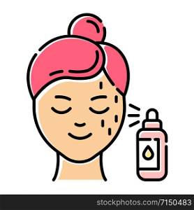 Beauty water color icon. Skin care procedure. Facial beauty treatment. Spray face product in bottle for moisturizing effect. Dermatology, cosmetics, makeup. Isolated vector illustration