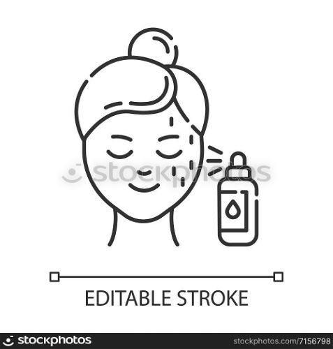Beauty water linear icon. Skin care procedure. Facial beauty treatment. Spray product for moisturizing effect. Thin line illustration. Contour symbol. Vector isolated outline drawing. Editable stroke