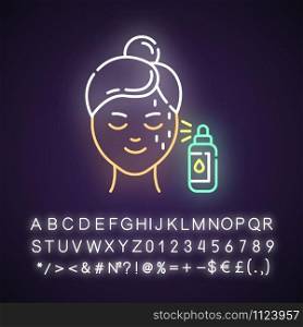Beauty water neon light icon. Skin care procedure. Beauty treatment. Spray for moisturizing effect. Cosmetics, makeup. Glowing sign with alphabet, numbers and symbols. Vector isolated illustration