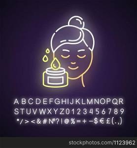 Beauty water neon light icon. Skin care procedure. Liquid face product for moisturizing. Dermatology, cosmetics, makeup. Glowing sign with alphabet, numbers and symbols. Vector isolated illustration
