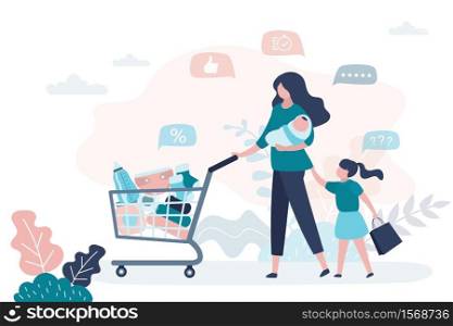 Beauty woman and children after shopping. Lady holding newborn baby and shopping trolley. Purchase of baby goods. Female character,kid girl and infant child. Flat trendy vector illustration