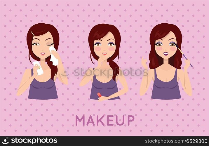 Beauty Woman Applying Makeup Set.. Beauty woman applying makeup set. Skin care. Girls smiling and holding beauty packaging, facial, beauty, skin, cosmetic, makeup, health, lifestyle, fashion spa Girl in purple shirt