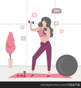 Beauty woman doing fitness and chatting on social networks. Athletic girl makes blog about healthy lifestyle. Gym with dumbbells and fitball. Funny female character. Trendy vector illustration