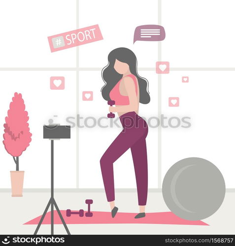 Beauty woman doing fitness. Athletic girl makes blog about healthy and sport lifestyle. Gym with dumbbells and fitball. Smartphone on tripod. Female vlogger character. Trendy vector illustration