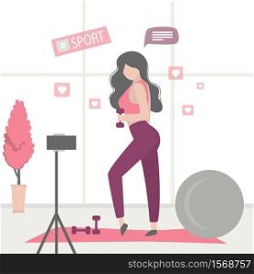 Beauty woman doing fitness. Athletic girl makes blog about healthy and sport lifestyle. Gym with dumbbells and fitball. Smartphone on tripod. Female vlogger character. Trendy vector illustration