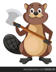 Beaver holding axe, illustration, vector on white background.