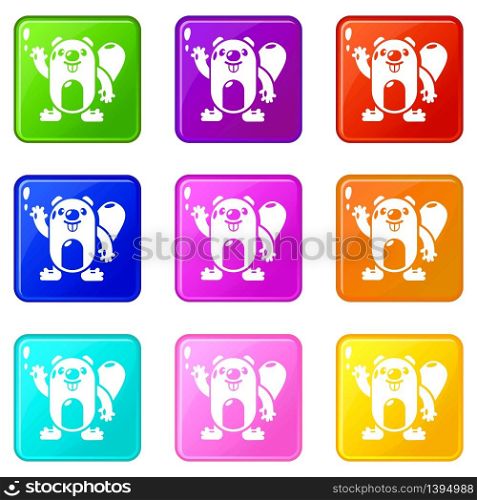 Beaver icons set 9 color collection isolated on white for any design. Beaver icons set 9 color collection