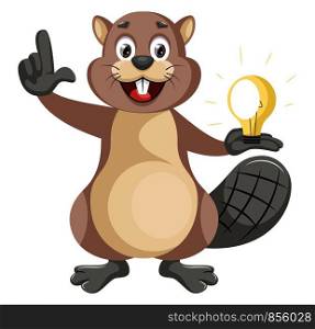 Beaver with lighting bulb, illustration, vector on white background.