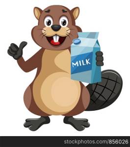 Beaver with milk, illustration, vector on white background.