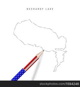 Becharof Lake vector map pencil sketch. Becharof Lake outline contour map with 3D pencil in american flag colors. Freehand drawing vector, hand drawn sketch isolated on white.. Becharof Lake vector map pencil sketch. Becharof Lake outline map with pencil in american flag colors