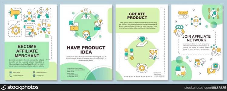 Become affiliate merchant green gradient brochure template. Marketing. Leaflet design with linear icons. 4 vector layouts for presentation, annual reports. Arial-Bold, Myriad Pro-Regular fonts used. Become affiliate merchant green gradient brochure template